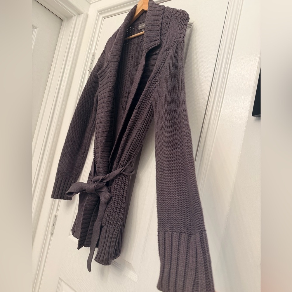 Michael Stars Cable Knit Belted Cardigan Sweater Charcoal Gray Cozy | M/L - Picture 3 of 13